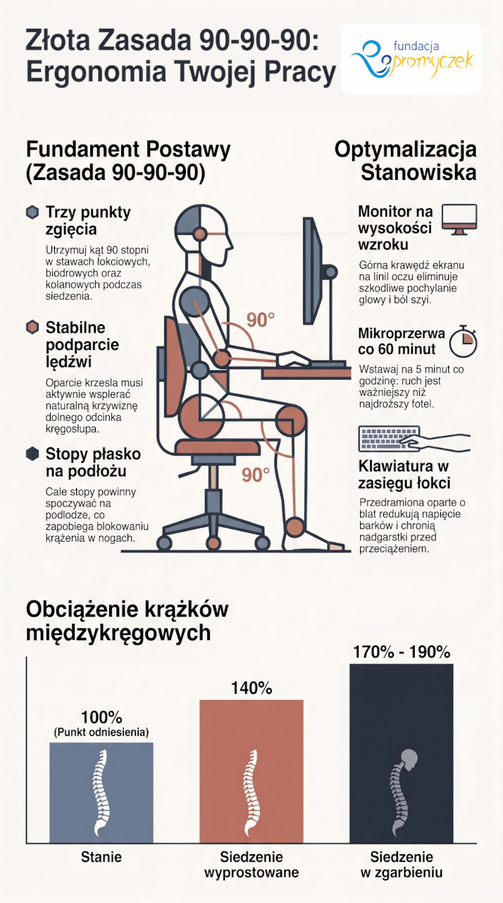Schemat prawidłowej postawy siedzącej przy biurku z zachowaniem kątów 90 stopni.