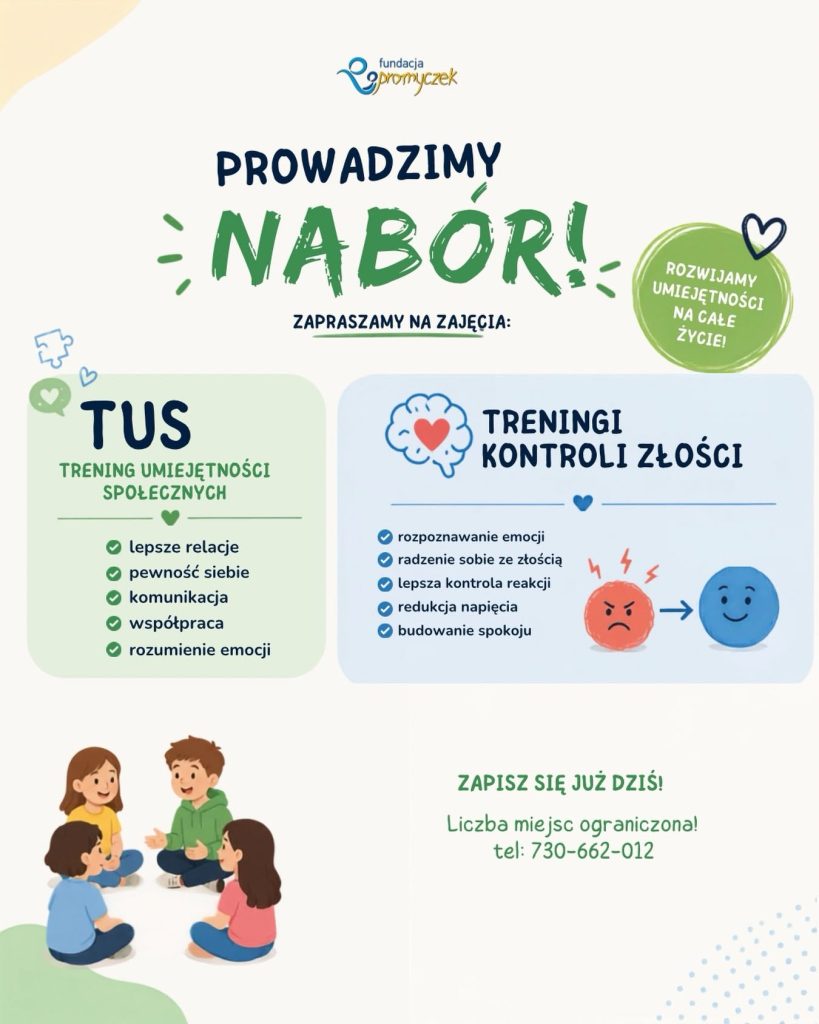 Plakat informujący o naborze na TUS – Trening Umiejętności Społecznych i Trening Kontroli Złości dla dzieci