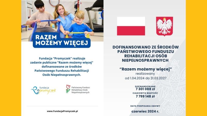 Fundacja Promyczek realizuje projekt „Razem możemy więcej” współfinansowany ze środków PFRON. Zadanie publiczne „Razem możemy więcej” realizowane przez Fundację Promyczek, współfinansowane ze środków PFRON.