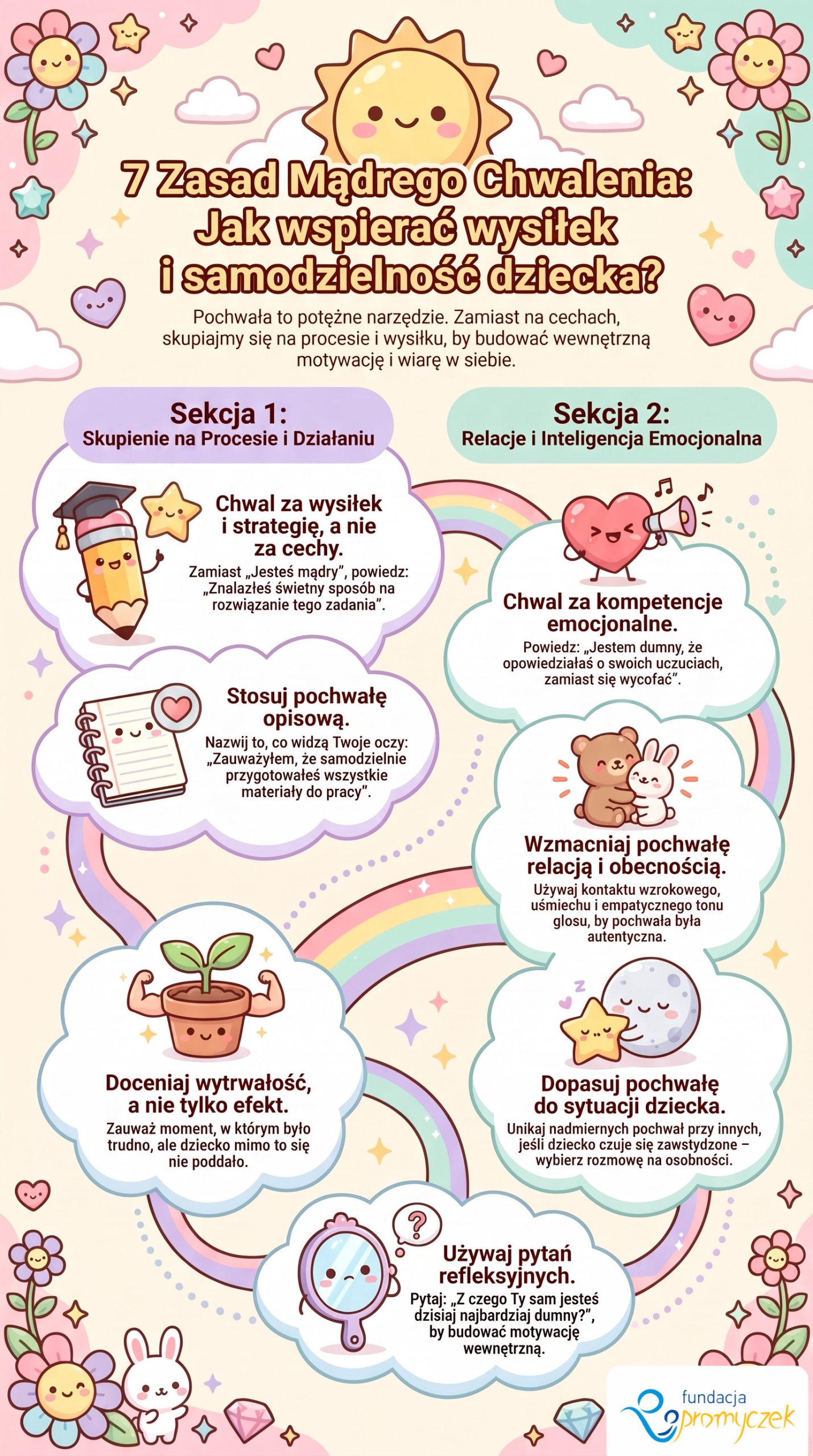 Infografika przedstawiająca 7 zasad chwalenia dziecka za wysiłek i samodzielność.