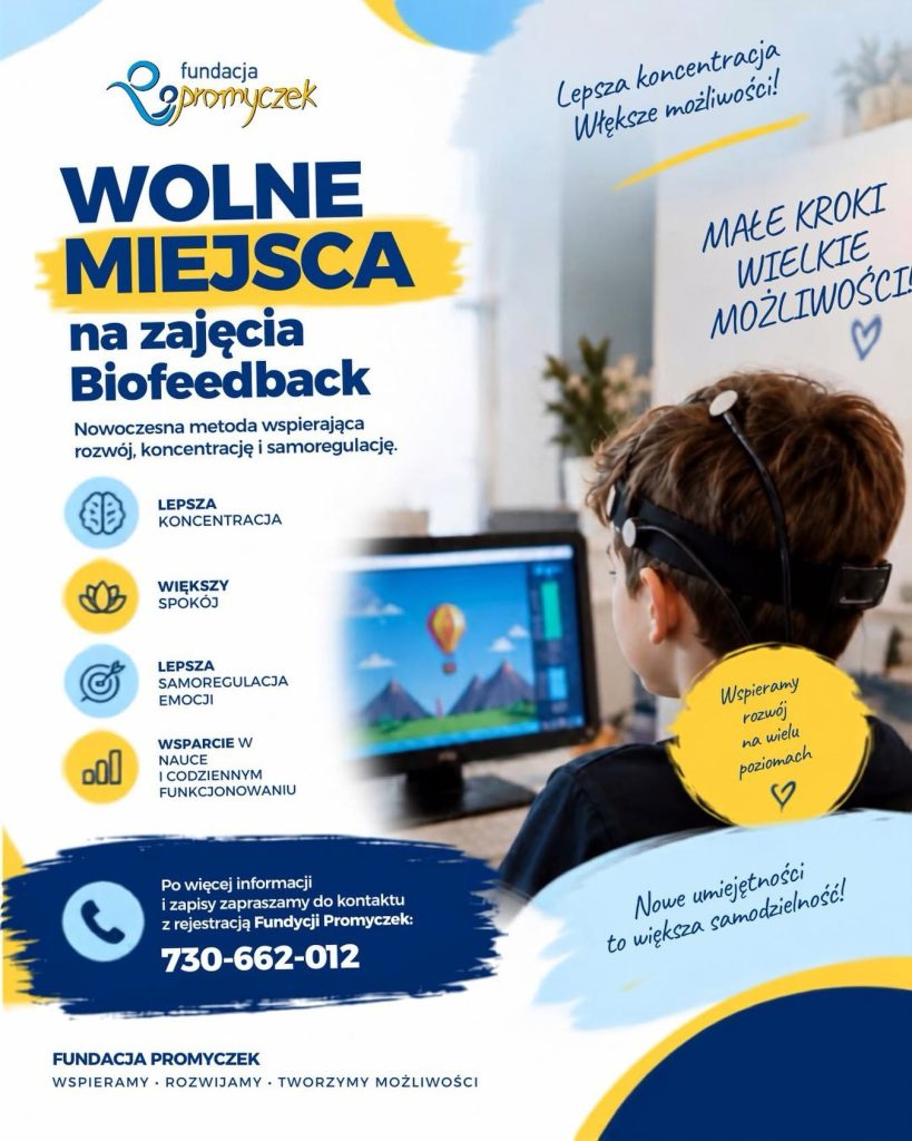 Plakat informujący o zajęciach Biofeedback dla dzieci w Fundacji Promyczek