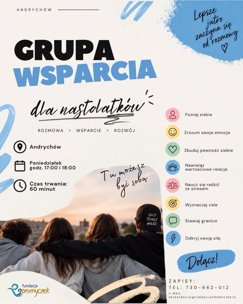 Plakat zapraszający na Grupę Wsparcia dla nastolatków z gminy Andrychów