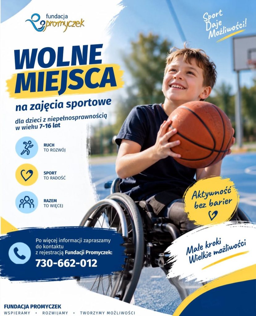 Plakat zajęć sportowych dla dzieci i młodzieży z niepełnosprawnością w wieku 7–16 lat