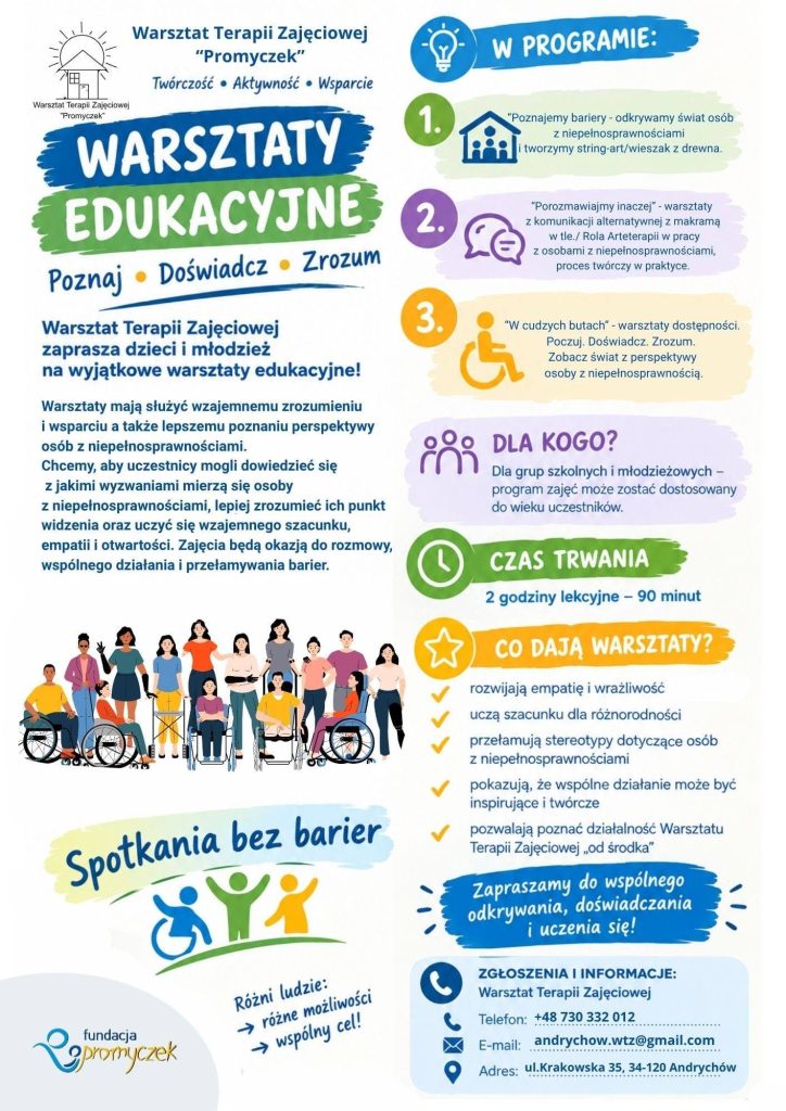 Ulotka programu edukacyjnego POZNAJ. DOŚWIADCZ. ZROZUM. autorstwa WTZ Promyczek w Andrychowie